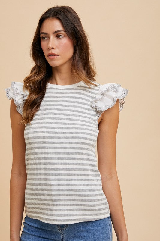 TEEK - Light Grey Ruffled Striped Round Neck Cap Sleeve Knit Top TOPS TEEK Trend