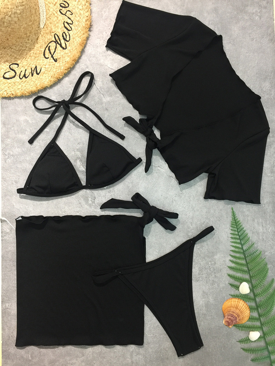 TEEK - Halter Neck Bikini and Cover Up Four-Piece Swim Set SWIMWEAR TEEK Trend Black S 