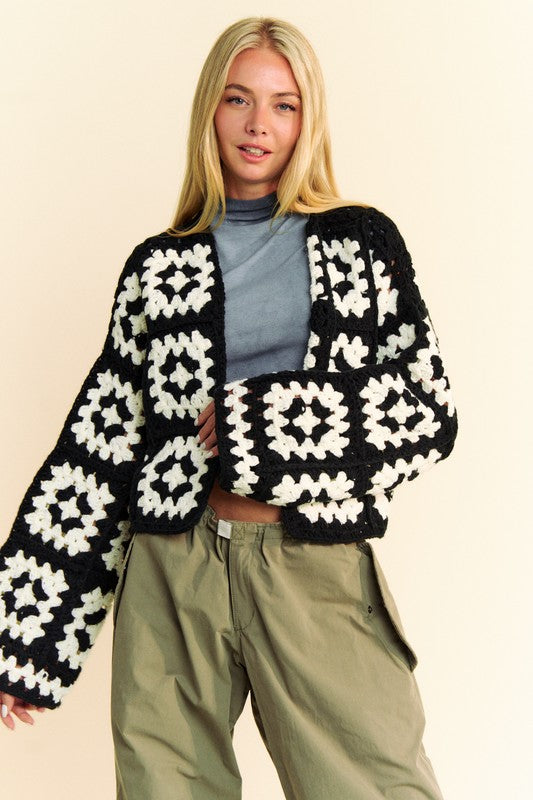 TEEK - White Black Two Tone Flower Square Crochet Open Front Cardigan SWEATER TEEK Trend