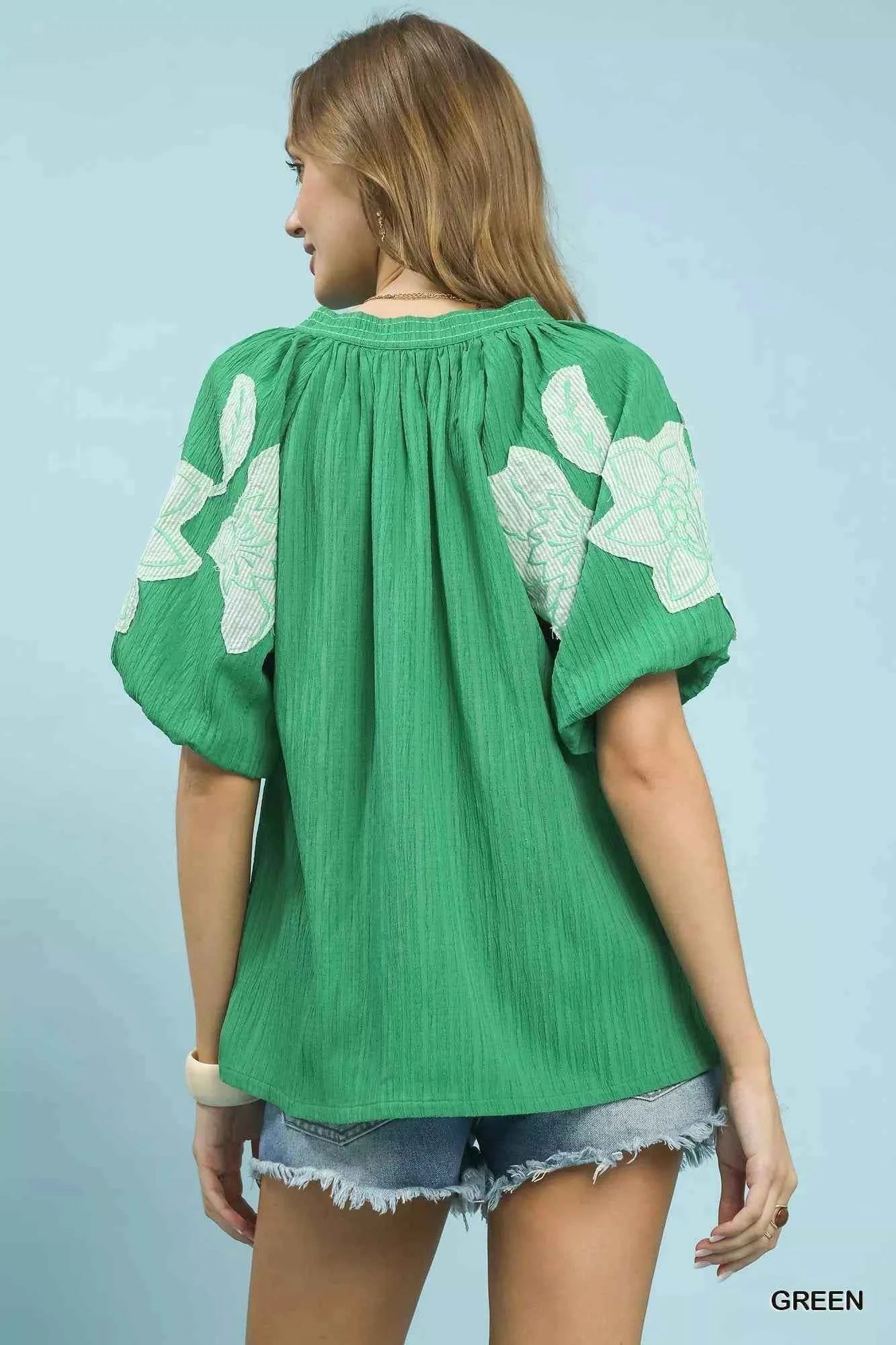 TEEK - Embroidered Balloon Sleeve Notch Neck Blouse TOPS TEEK Trend