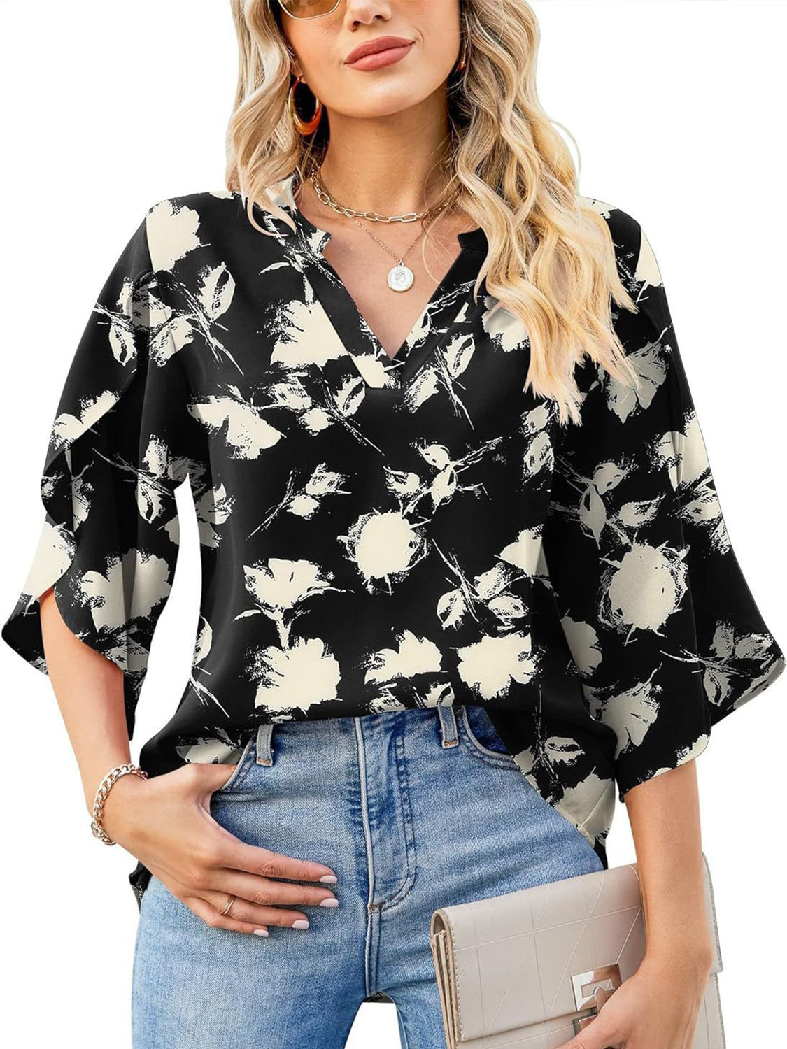 TEEK - Printed Notched Widened Half Sleeve Blouse TOPS TEEK Trend   