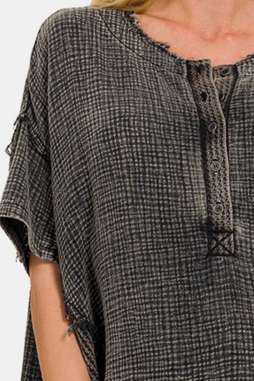 TEEK - Ash Black Washed Texture Half Button T-Shirt TOPS TEEK Trend   