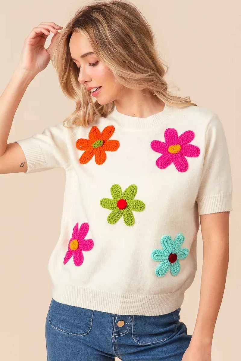 TEEK - Crochet Flower Patch Sweater Top TOPS TEEK Trend
