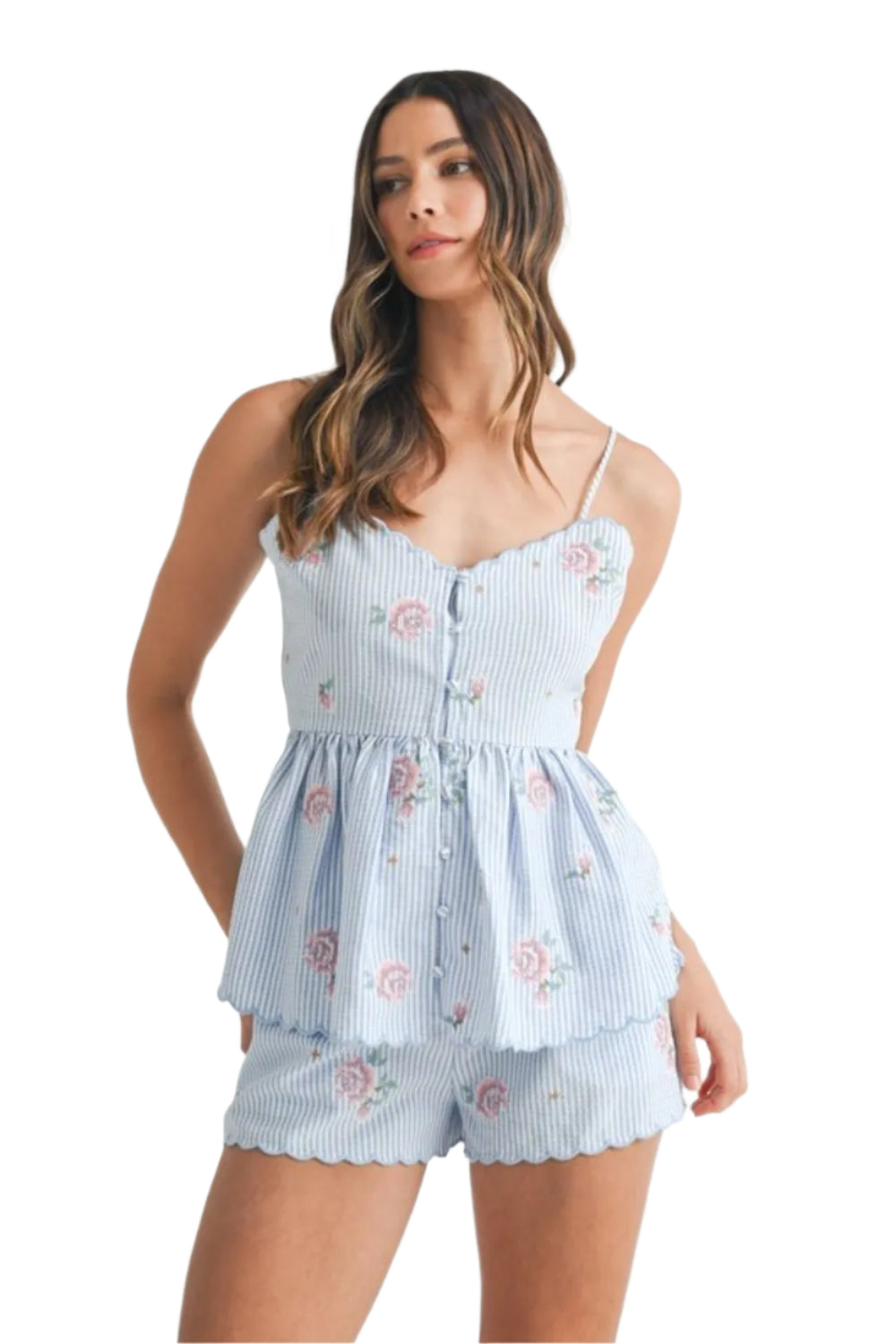 TEEK - Blue Stripe Embroidered Peplum Cami Shorts Set SET TEEK Trend S