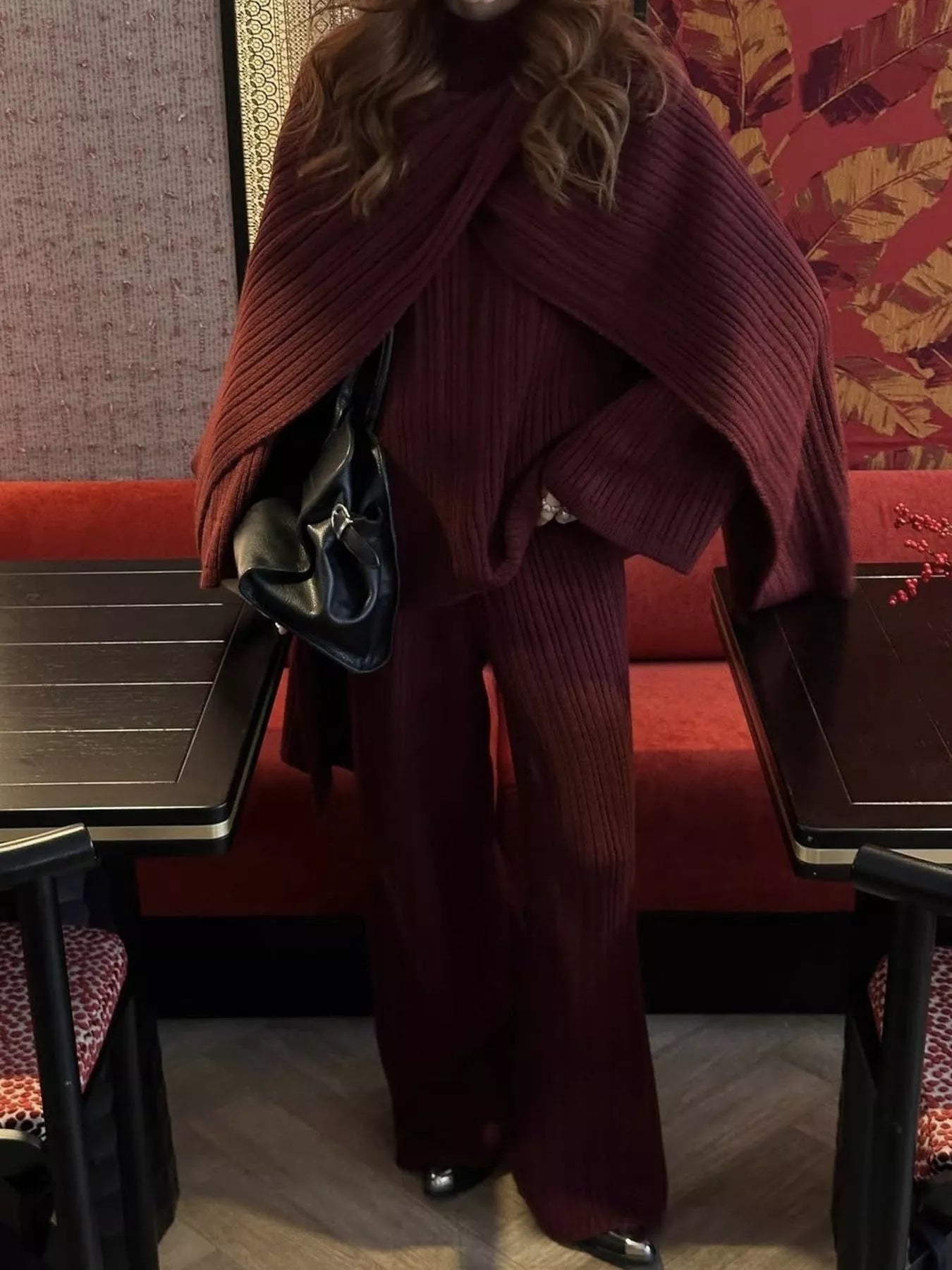 3-Piece Crew Neck Ribbed Sweater and Wide-Leg Pants Set with Scarf Trendsi Burgundy One Size