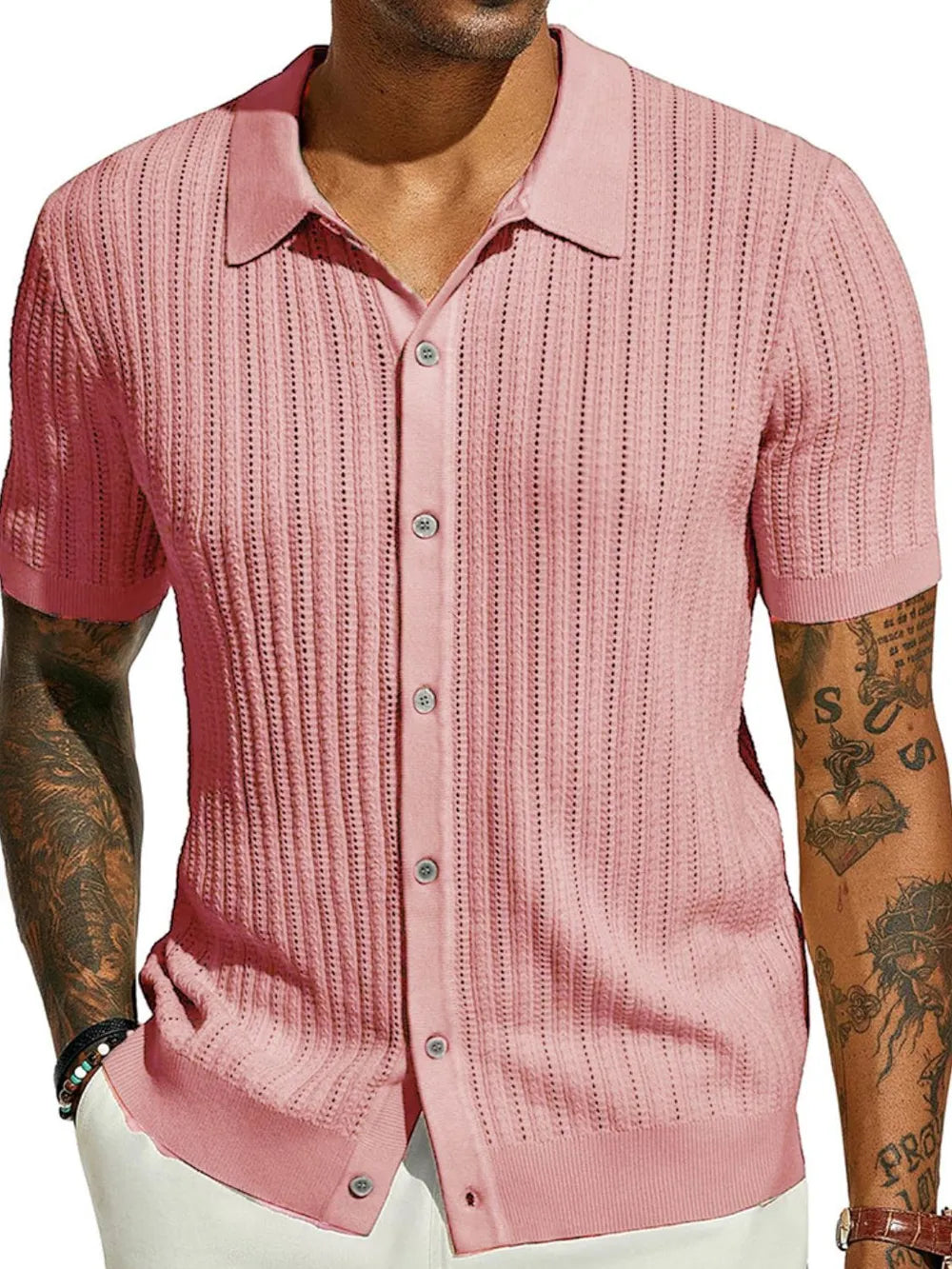 TEEK - Mens Openwork Button Down Collared Neck Shirt TOPS TEEK Trend Dusty Pink S