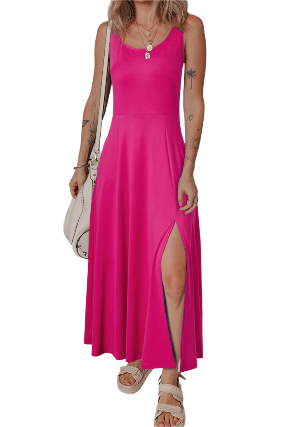 TEEK - Side Slit Scoop Neck Wide Strap Dress DRESS TEEK Trend Hot Pink S