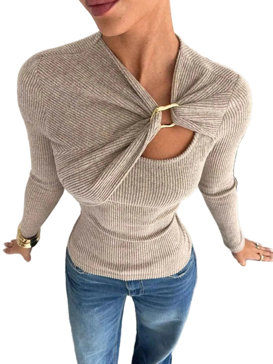 TEEK - Twist-Front Cutout Ribbed Knit Top TOPS TEEK Trend Khaki S