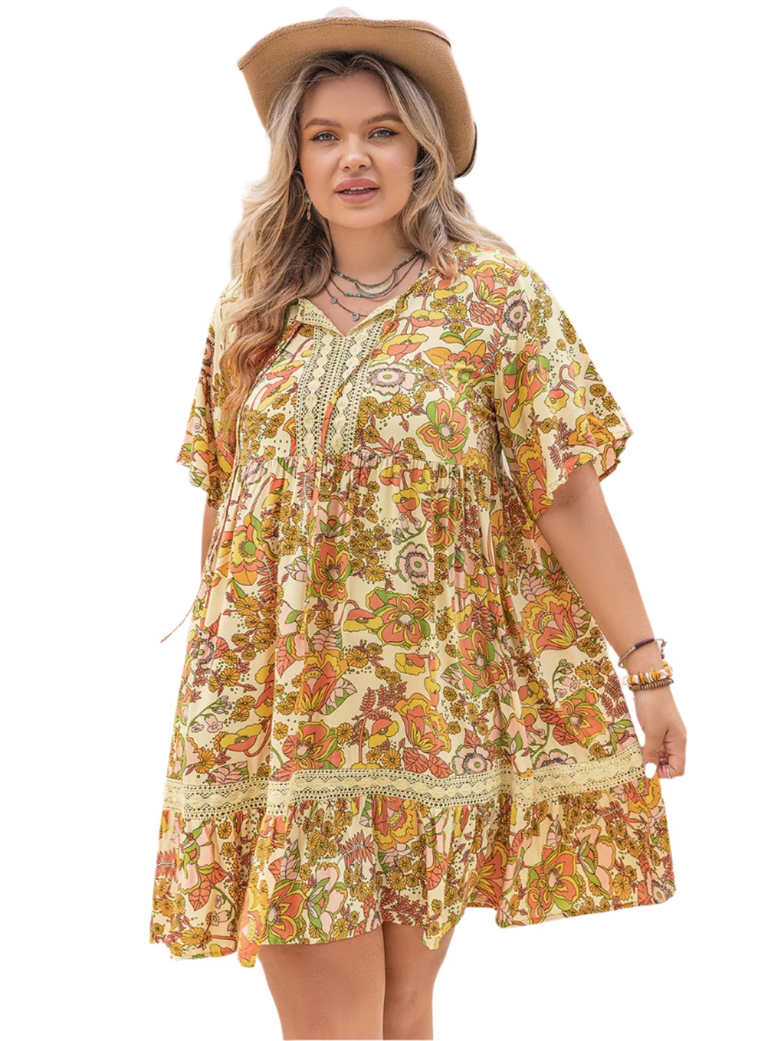 TEEK - Plus Size Apricot Tie Neck Short Sleeve Mini Dress DRESS TEEK Trend XL  