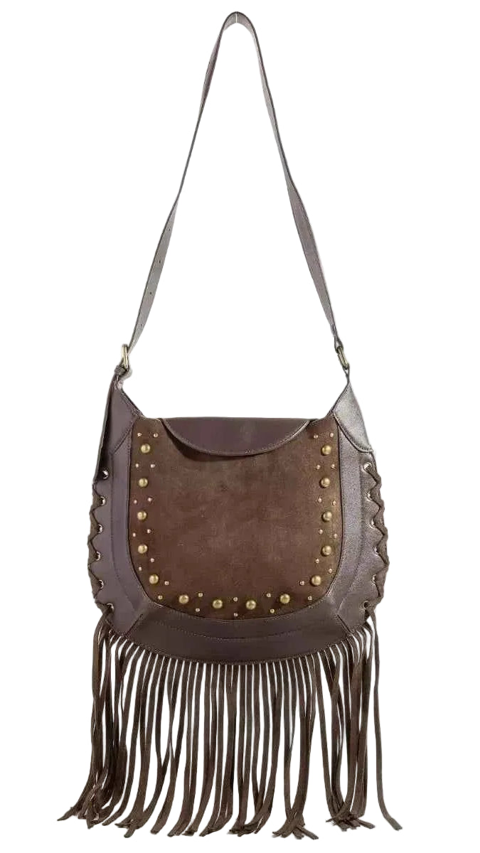Fame Rivet Trim Suede Fringe Shoulder Bag