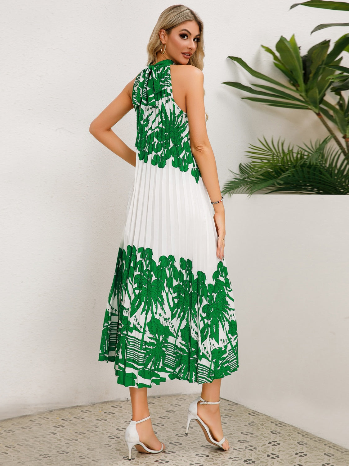 TEEK - Tied Halter Printed Sleeveless  Dress DRESS TEEK Trend Green S 