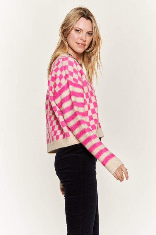 TEEK - Contrast Checkered Stripe Sweater Cardigan SWEATER TEEK FG   