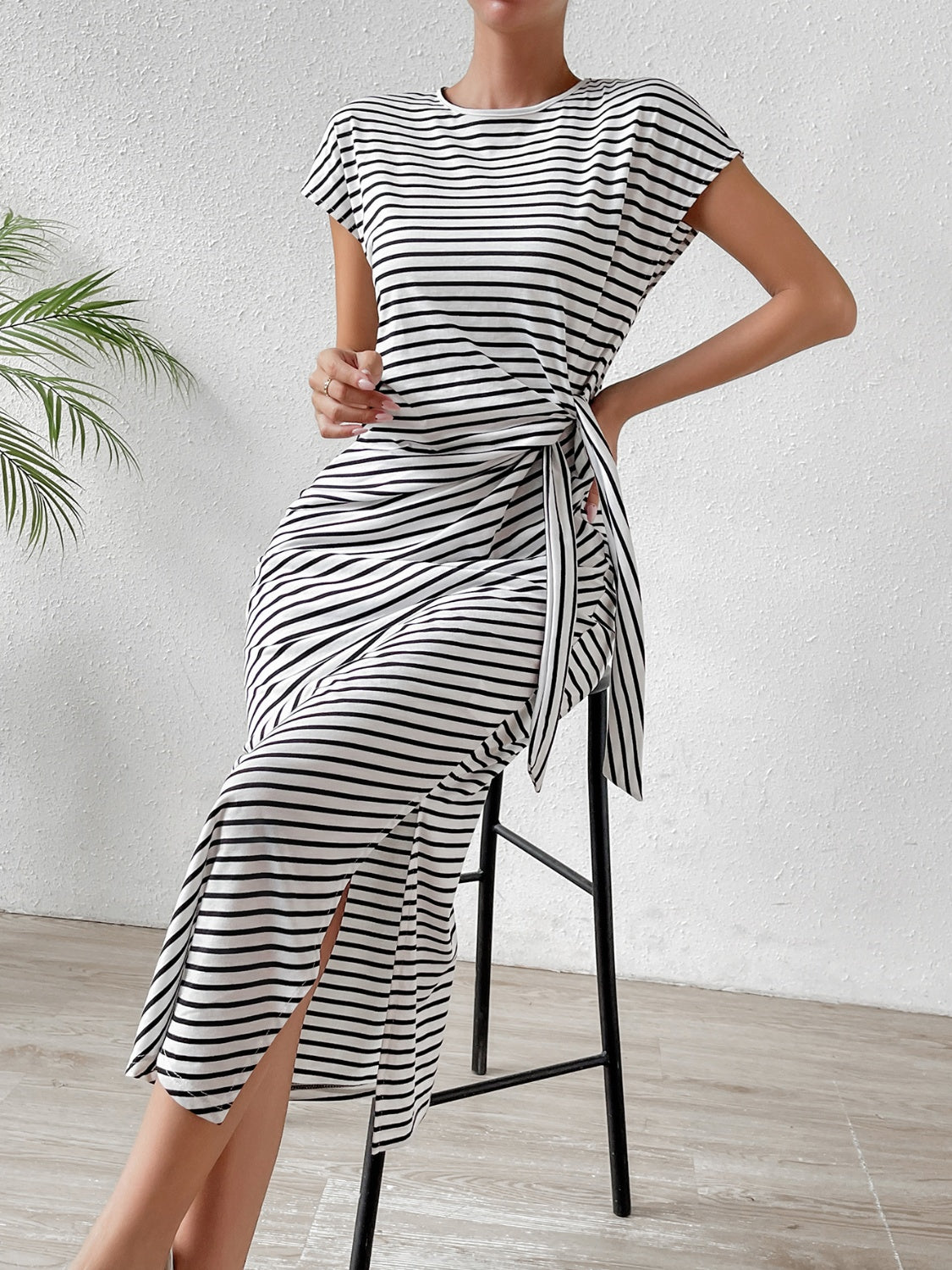 TEEK - Tied Striped Round Neck Short Sleeve Tee Dress DRESS TEEK Trend   
