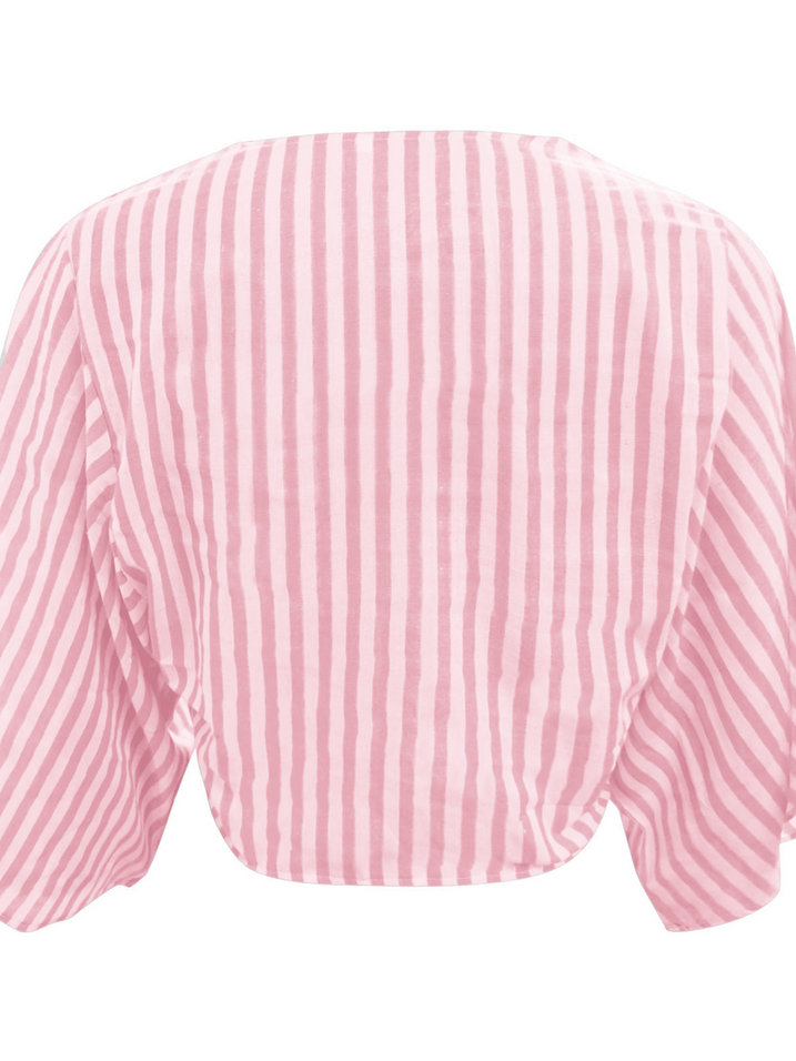 TEEK - Pink Striped Cropped V-Neck Tie Front Flare Sleeve Blouse TOPS TEEK W   