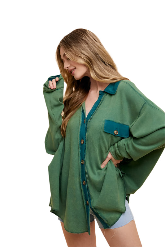 TEEK - Dark Green Waffle-Knit Mineral Washed Button Down Shirt TOPS TEEK Trend S