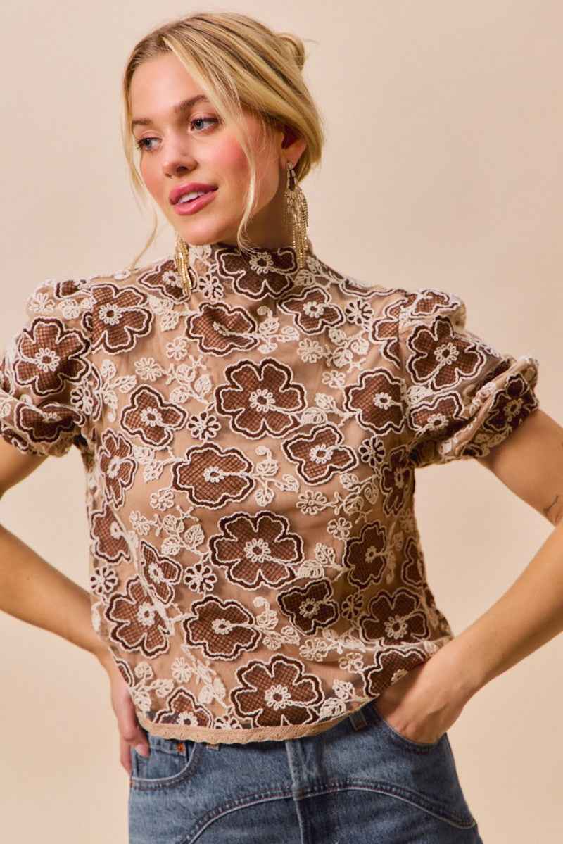 SO ME Texture Floral Mesh Top With Back Button Closure Trendsi