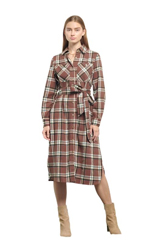 TEEK - PLAID PRINT COLLAR LONG SHIRT DRESS DRESS TEEK FG MAUVE S 