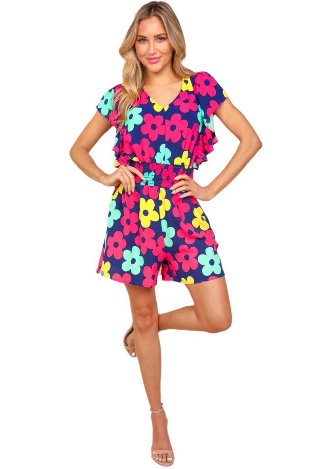 TEEK - Navy Fuchsia Floral Smocked Waist Pocketed Romper JUMPSUIT TEEK Trend S  