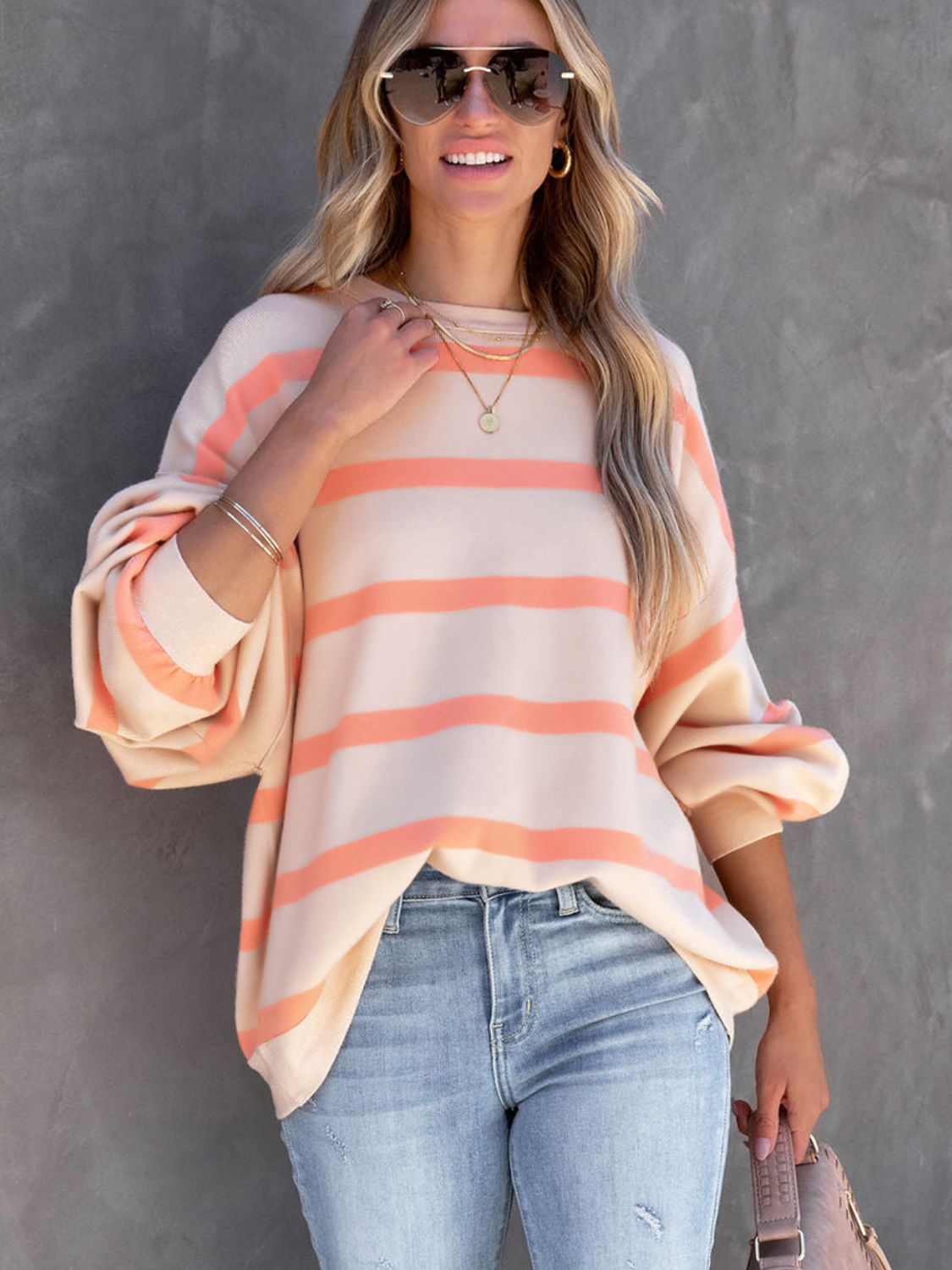 TEEK - Sherbet Striped Round Neck Long Sleeve Sweatshirt TOPS TEEK Trend