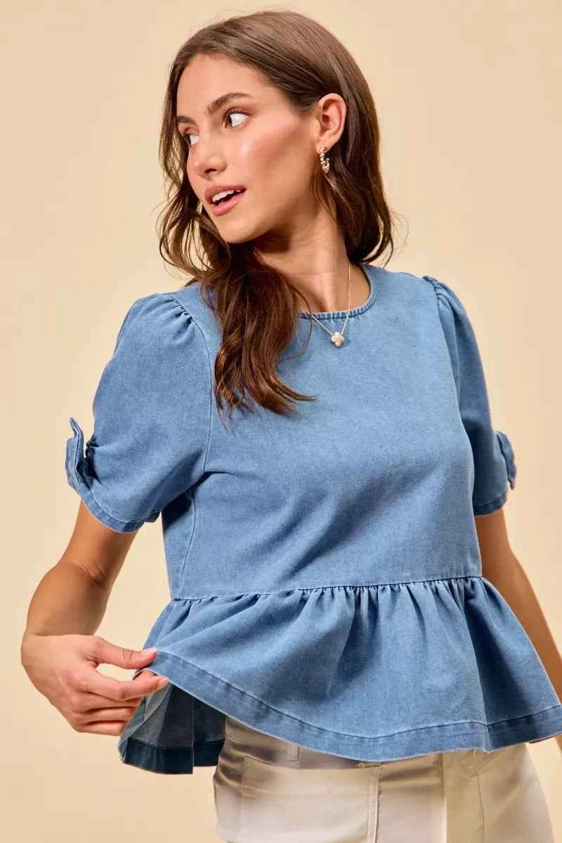 TEEK - Denim Bow Detail Short Sleeves Peplum Top TOPS TEEK Trend