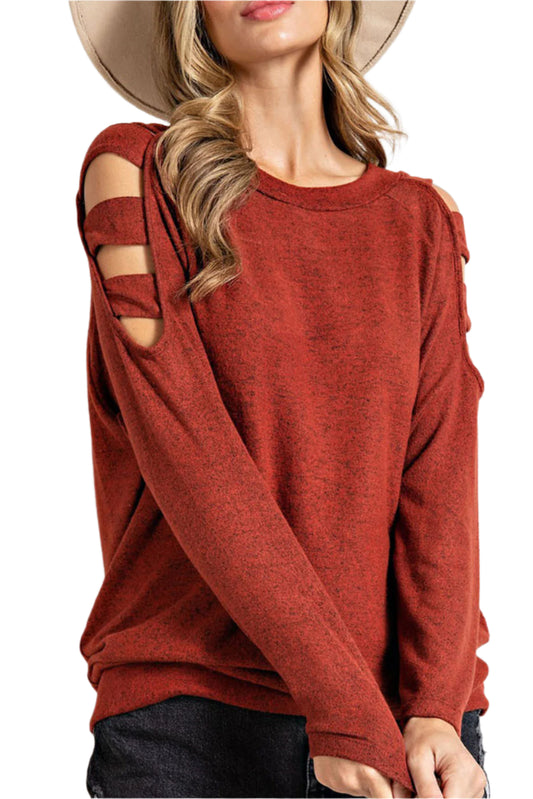 TEEK - Rust Cutout Round Neck Long Sleeve Top TOPS TEEK Trend S