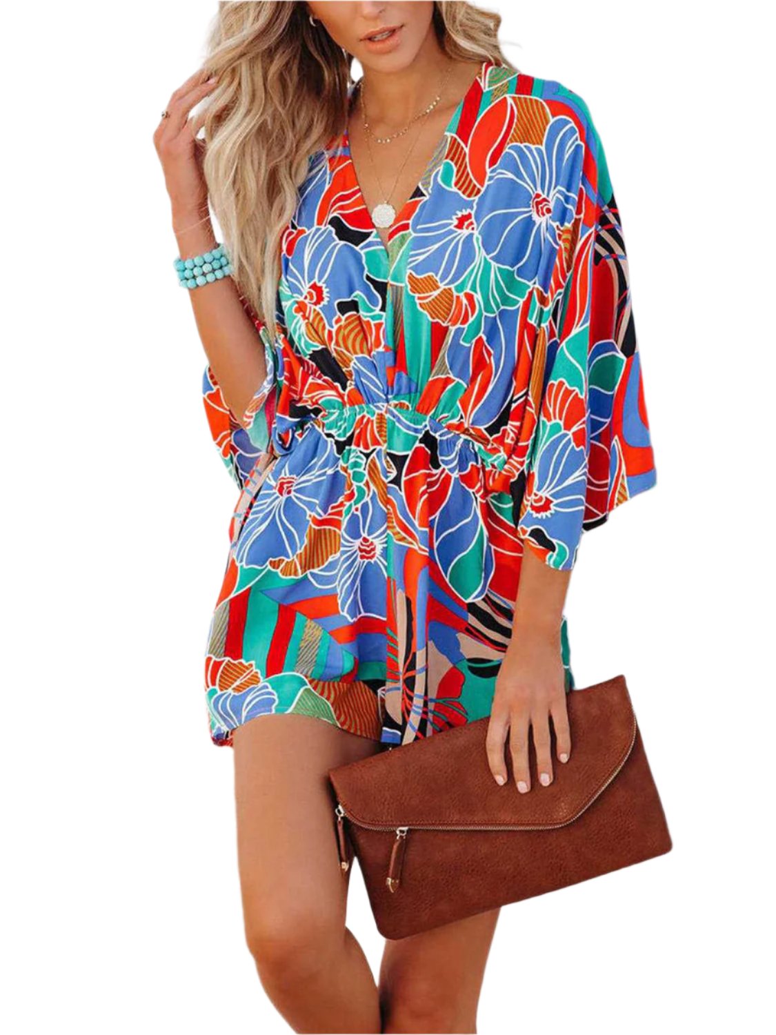 TEEK - Tied Printed Kimono Sleeve Romper JUMPSUIT TEEK Trend   