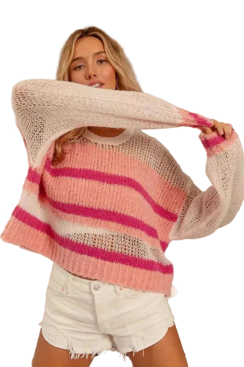 BiBi Hollow Out Yoke Detail Striped Sweater Trendsi IVORY/BLUSH/FUCHSIA S