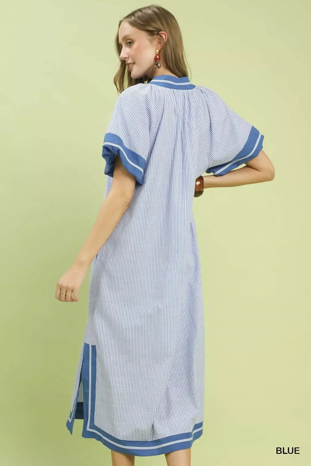 Umgee Pinstripe Contrast Trim Midi Dress Trendsi