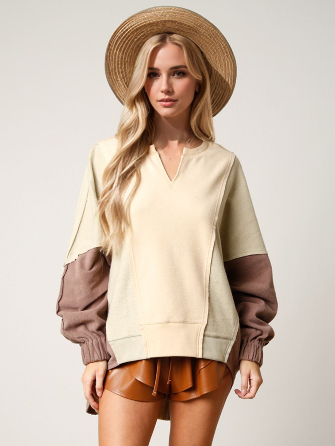 TEEK - High-Low Contrast Notched Long Sleeve Sweatshirt TOPS TEEK Trend Beige S