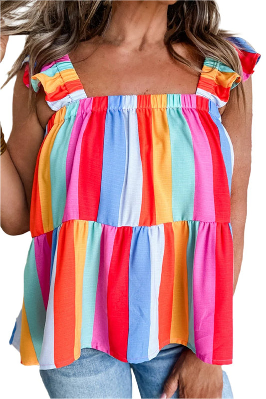 TEEK - Red Multicolor Ruffled Color Block Square Neck Top TOPS TEEK Trend S  