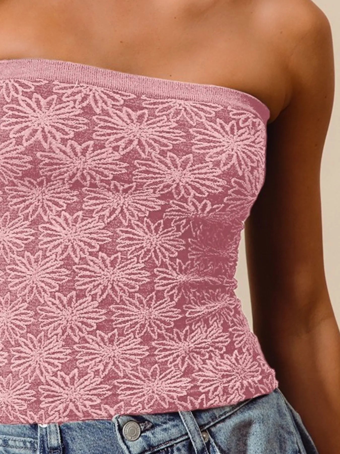 TEEK - Vintage Pink Jacquard Floral Two Tone Seamless Tube Top TOPS TEEK Trend