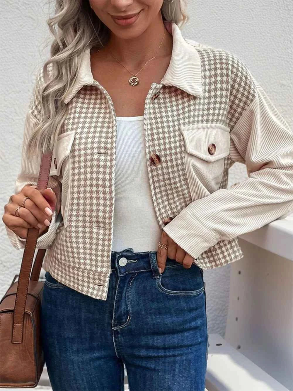 TEEK - Pocketed Houndstooth Long Sleeve Jacket JACKET TEEK Trend