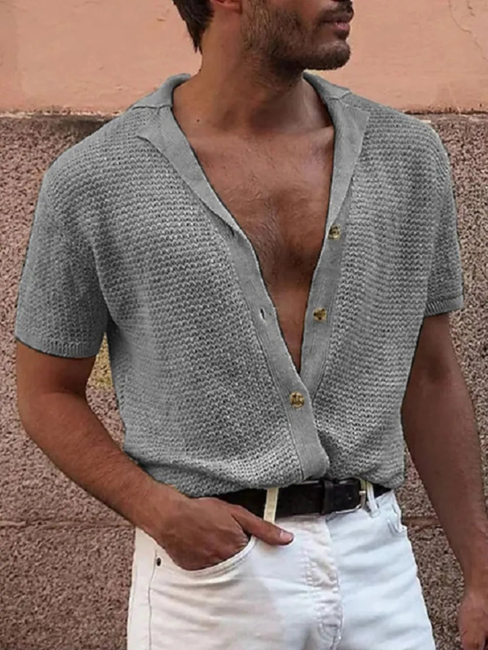 TEEK - Mens Button Down Short Sleeve Shirt TOPS TEEK Trend Gray S