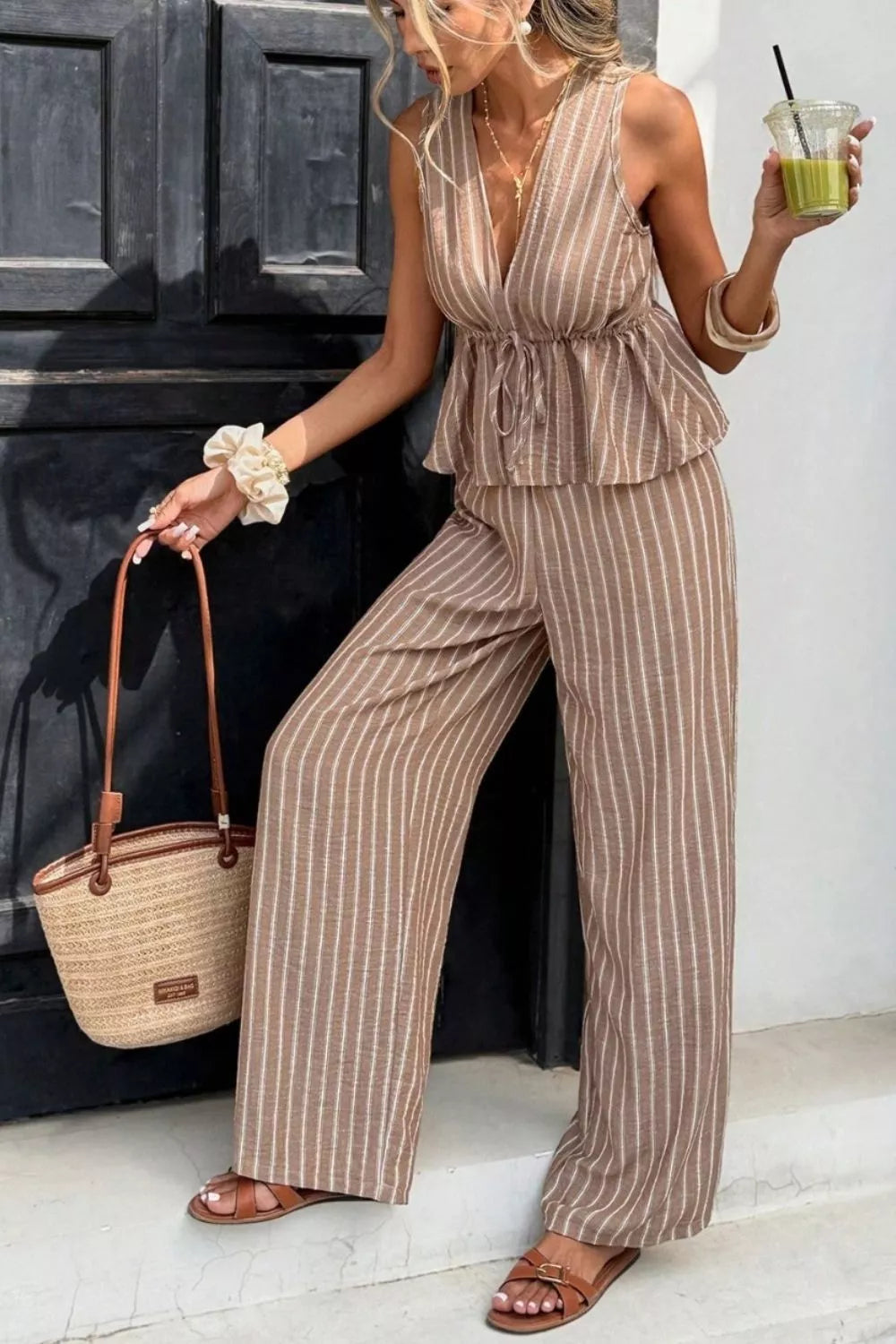 Striped Sleeveless Top and Wide Leg Pants Set Trendsi