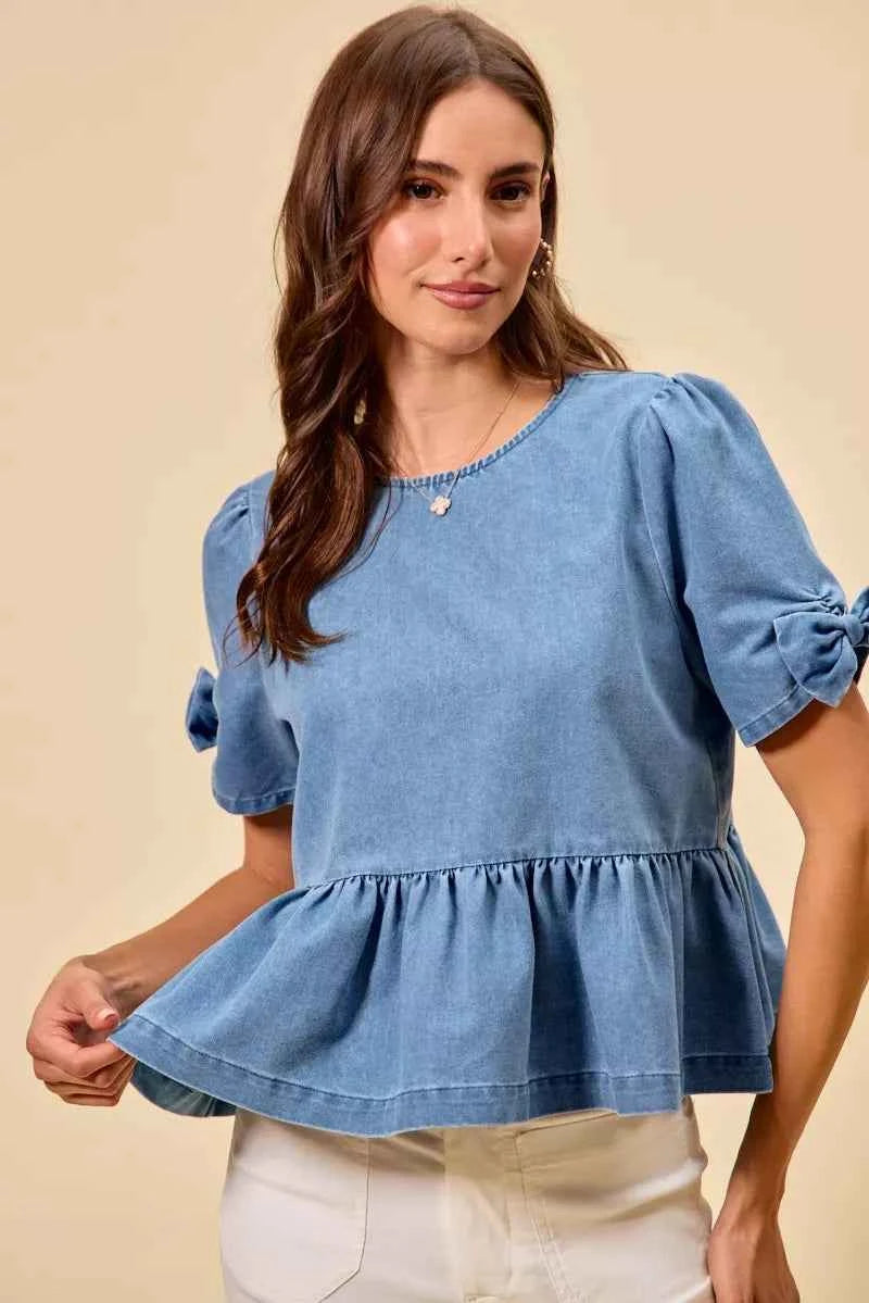 TEEK - Denim Bow Detail Short Sleeves Peplum Top TOPS TEEK Trend