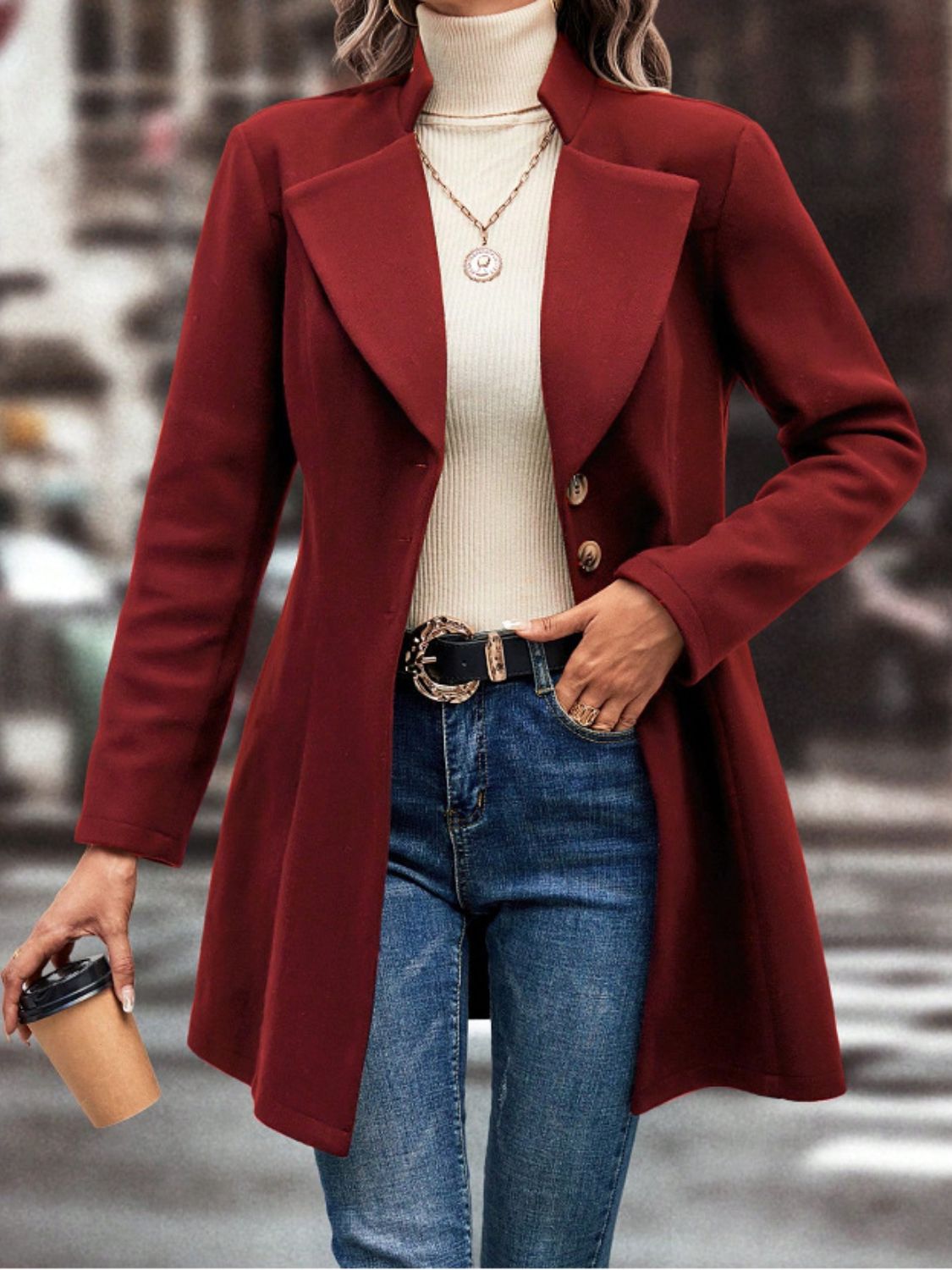 Collared Neck Button Up Long Sleeve Coat TEEK Trend