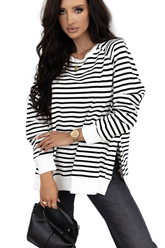 TEEK - Black Stripe Raglan Sleeve Side Slits Loose Sweatshirt TOPS TEEK FG S