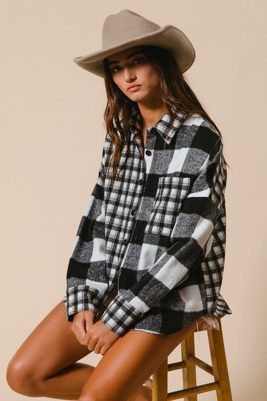 TEEK - Black Plaid Fleece Button Down Long Sleeve Shirt TOPS TEEK Trend