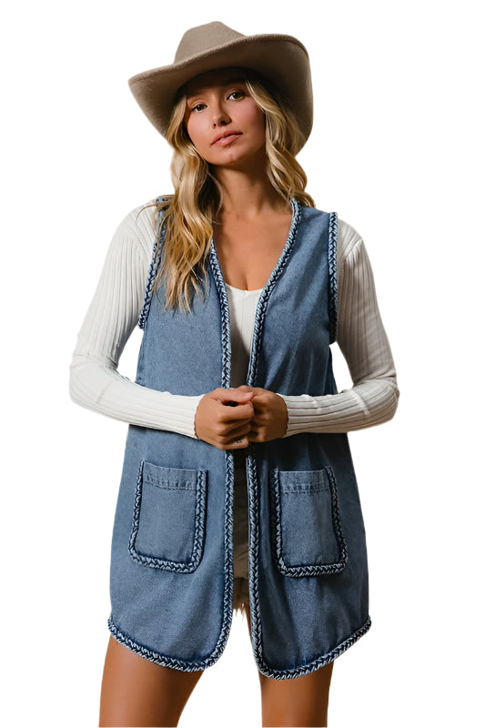 TEEK - Braided Trim Open Front Denim Vest with Pockets VEST TEEK Trend S