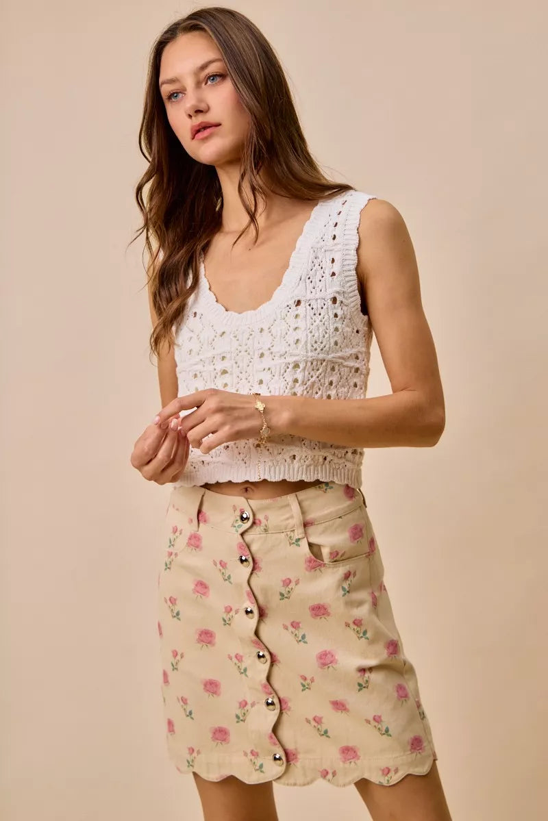TEEK - Floral Rose Print Cotton Twill Scallop Mini Skirt SKIRT TEEK Trend