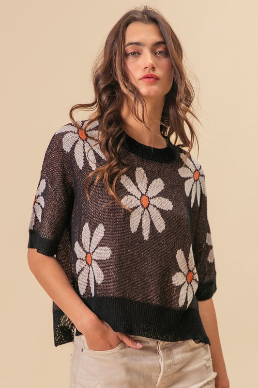 BiBi Floral Pattern Slit Sweater  Trendsi Black/Ivory S 