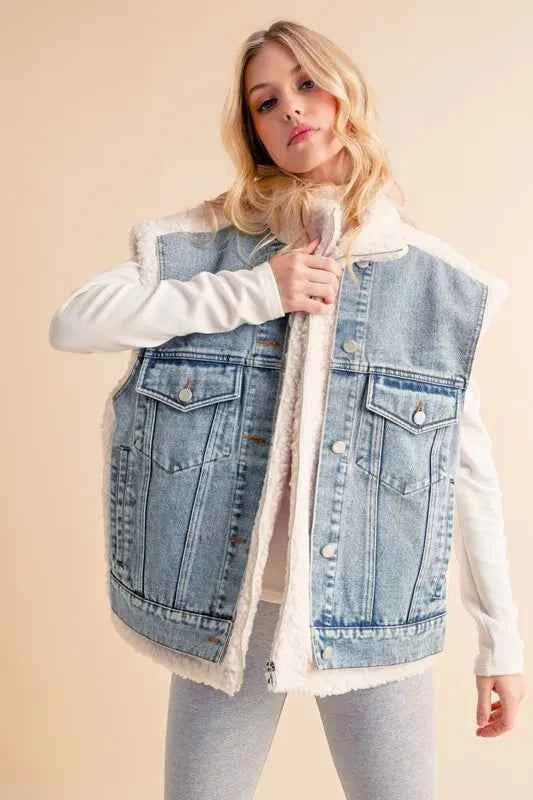 TEEK - Fake Two Pieces Denim Patch Sherpa Vest Coat VEST TEEK Trend