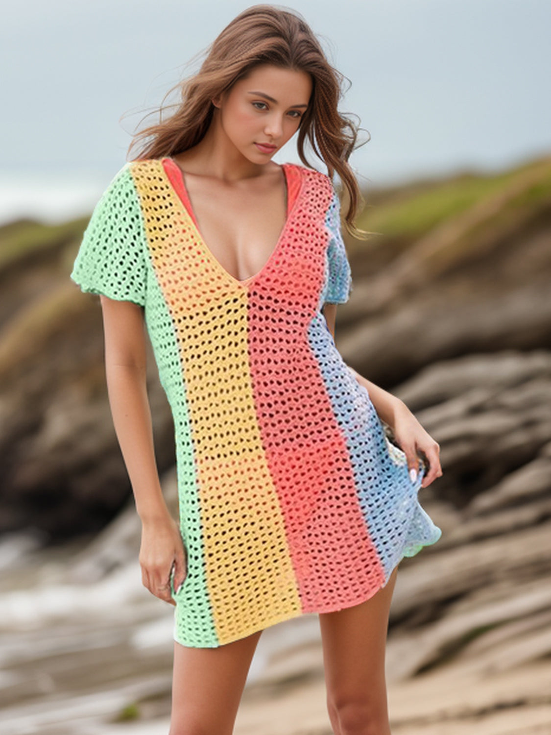 TEEK - Color Block V-Neck Short Sleeve Cover-Up DRESS TEEK Trend   