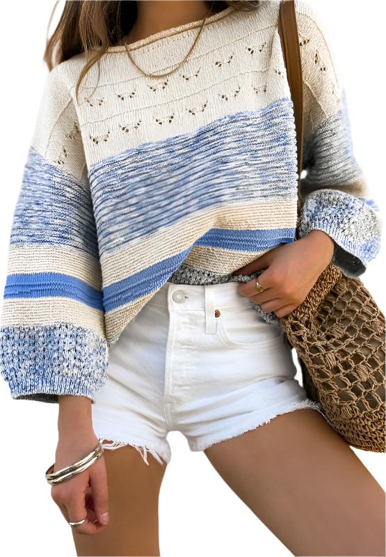 TEEK - Light Blue Contrast Round Neck Long Sleeve Sweater TOPS TEEK Trend S