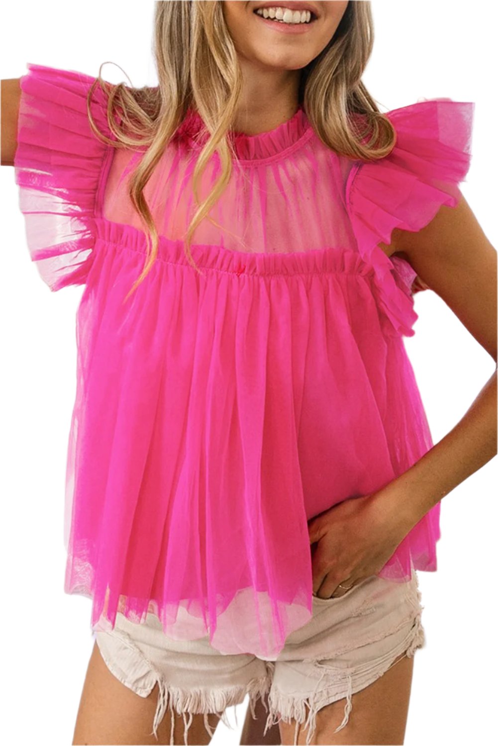 TEEK - Hot Pink Frill Mock Neck Cap Sleeve Blouse TOPS TEEK Trend S  