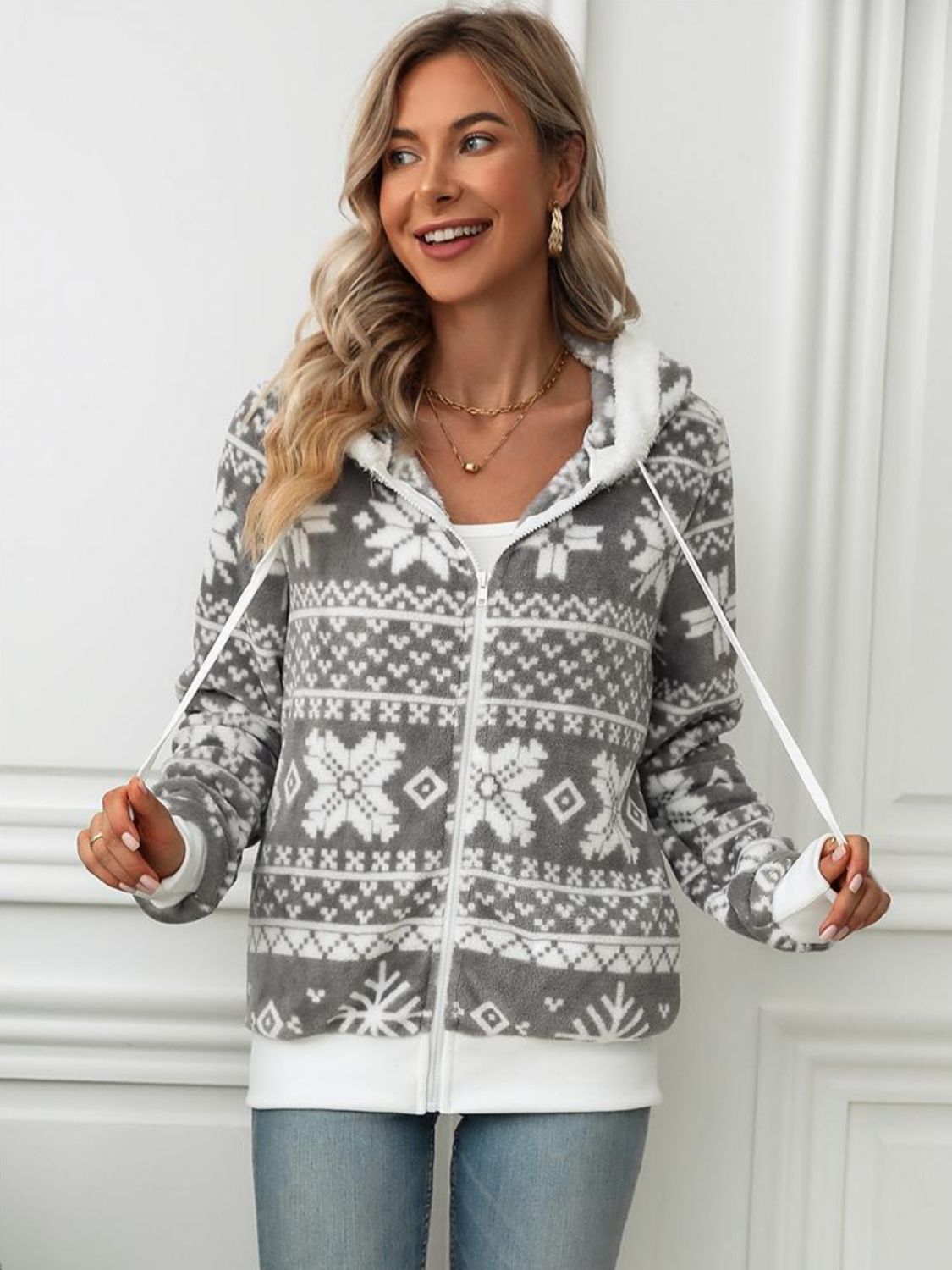 TEEK - Grey Drawstring Snowflake Zip Up Hoodie JACKET TEEK Trend