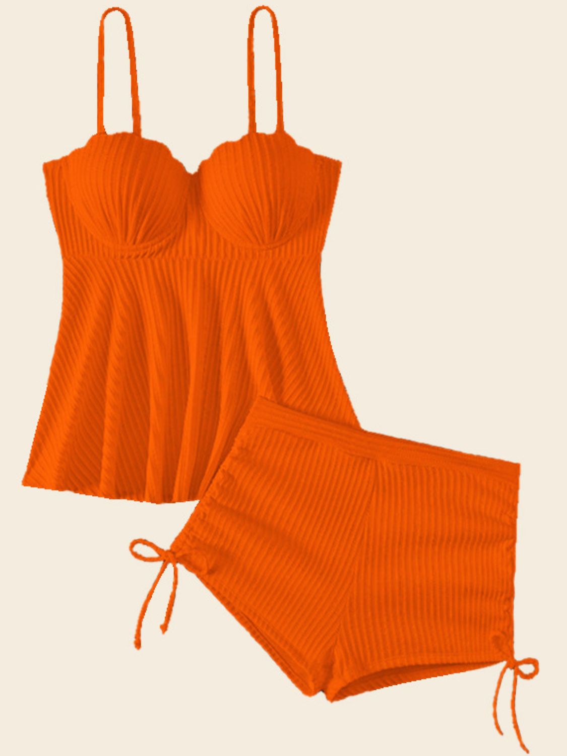 TEEK - Textured Drawstring Spaghetti Strap Two-Piece Swim Set SWIMWEAR TEEK Trend Orange S 