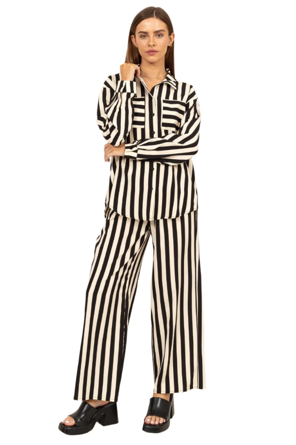 TEEK - Black Striped Button Up Shirt and Pants Set SET TEEK Trend S  