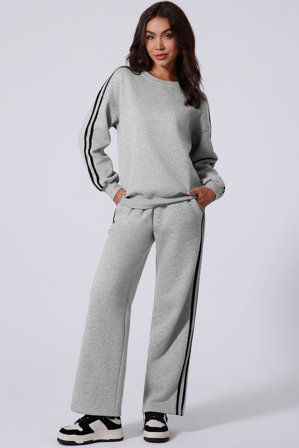 Side Striped Round Neck Top and Pants Active Set TEEK Trend