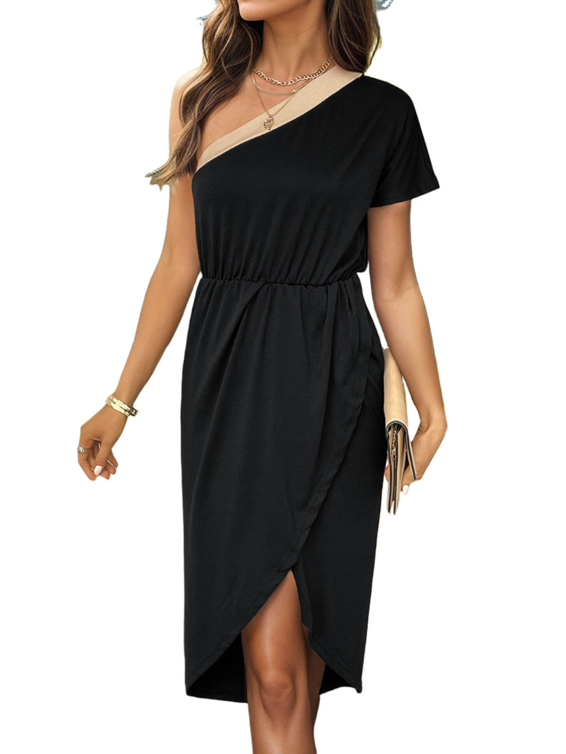 TEEK - Black Slit Single Shoulder Short Sleeve Dress DRESS TEEK Trend   